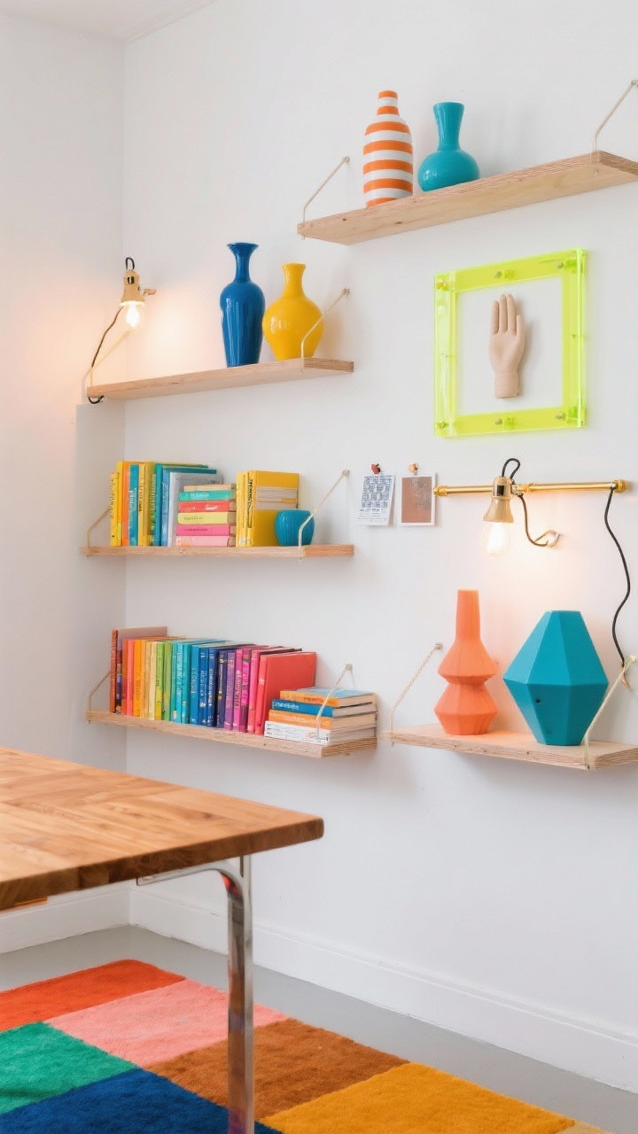 Medium shot of a Color-Pop Creative Studio shelving wall, slightly angled: white walls, honey maple worktable in foreground, color-blocked rug. Open shelves styled with candy-colored books stacked by hue, striped vases, neon acrylic frame, brass rail with clipped mini mood board, geometric forms, playful ceramic hand. Palette white base with citrus, cobalt, coral accents; textures glossy lacquer mixed with raw plywood. Clamp-on task lights with warm bulbs illuminating shelves. Rhythmic repetition of colors in threes. Photorealistic, no people.