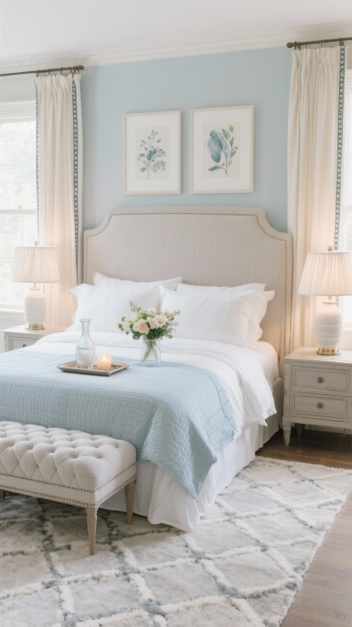 Medium shot of a romantic primary bedroom in soft layers: tall upholstered headboard in flax linen, crisp white bedding with a pale blue quilt folded at the foot; tufted bench in a small diamond pattern at the end of the bed; classic nightstands with pleated lampshades casting a cozy glow; cream curtains with subtle tape trim, wool rug in a tone-on-tone lattice; palette of ivory, dove gray, and powder blue; soft abstract or vintage botanical prints above the bed; accents of fresh flowers, a carafe on a tray, and a softly flickering scented candle; hotel-level luxurious yet personal, photorealistic.