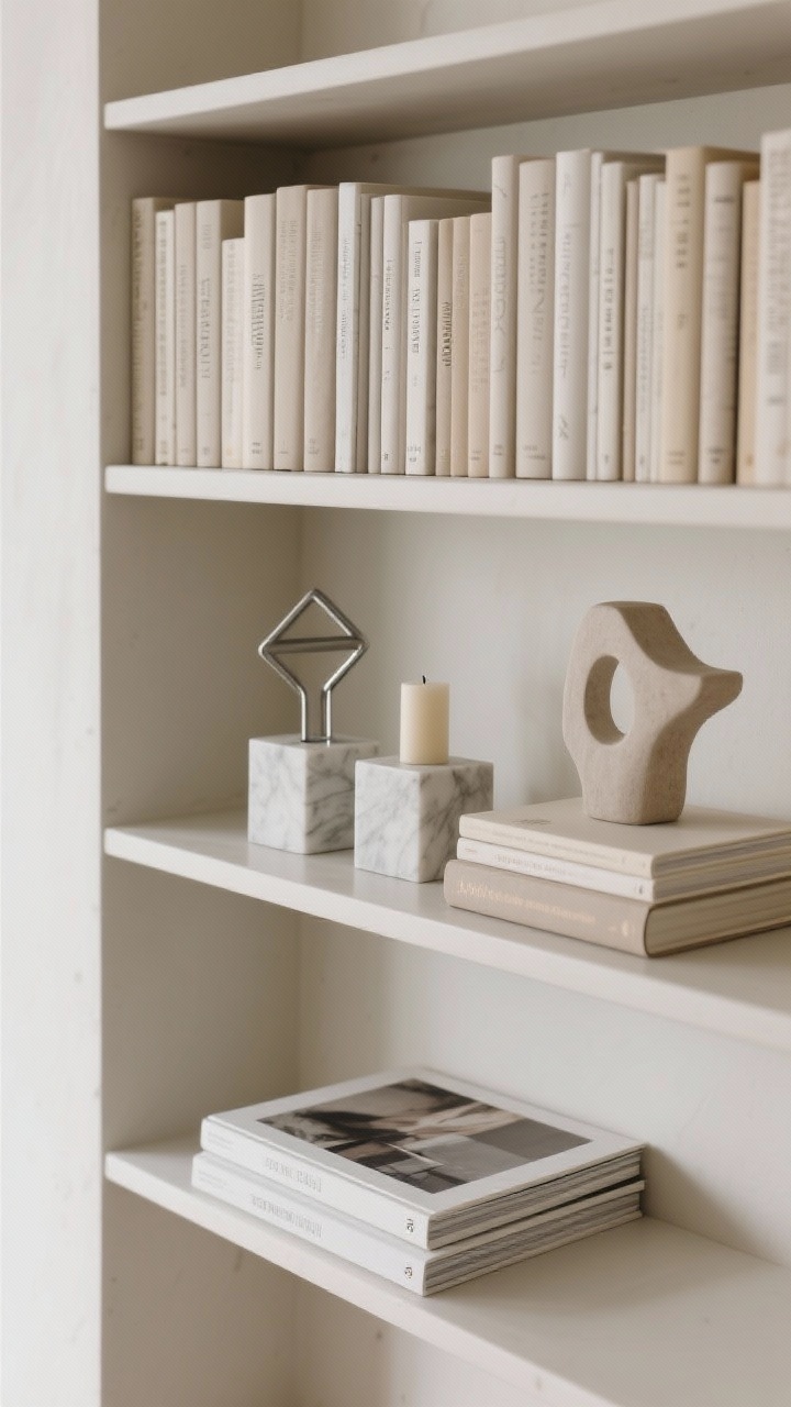 Medium shot of a single shelf styled with books: vertical rows of neutral-spined books balanced with two low horizontal stacks acting as pedestals for a small sculptural object and a candle. Include marble or metal bookends with a simple geometric shape. Some books turned around to show pages for a tonal, calm look. Add one oversized art book anchored on the lowest shelf for weight. Soft, even daylight with a serene, structured feel.