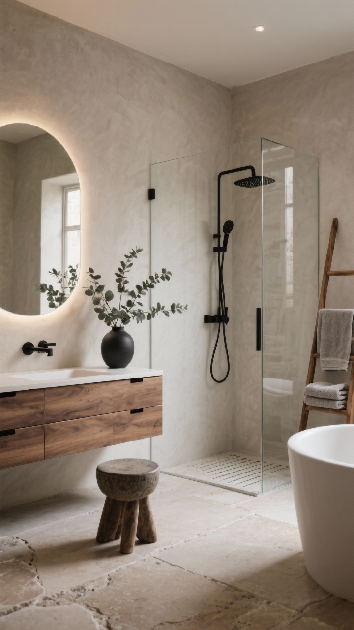 Medium shot of a spa-calm bathroom with large-format limestone tile floors and seamless microcement walls, featuring a floating oak vanity with flat-front drawers, an arched rimless mirror with soft backlighting, a frameless glass shower with linear drain and ceiling-mounted rain head, matte black fixtures, a ceramic stool beside a tub, and neatly folded stone-colored towels on a slim teak ladder; add a single vase of eucalyptus; palette ash, sand, matte black; soft, steamy diffused lighting; photorealistic.