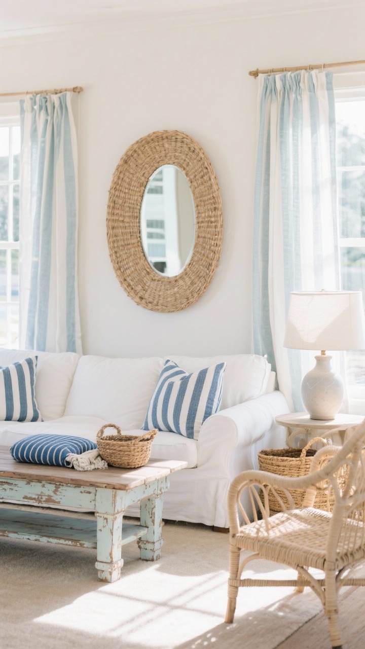 Medium shot of a sun-washed seating area: White slipcovered sofa paired with pale rattan armchairs and a distressed wood coffee table with weathered patina. Palette of cloud white, oat, and powder blue. Navy-and-white striped pillows, striped linen curtains, and a blue ticking stripe ottoman bring crisp stripes to the look. Baskets for throws, a simple ceramic table lamp, and a large woven wall mirror reflecting light. Soft, coastal afternoon brightness.