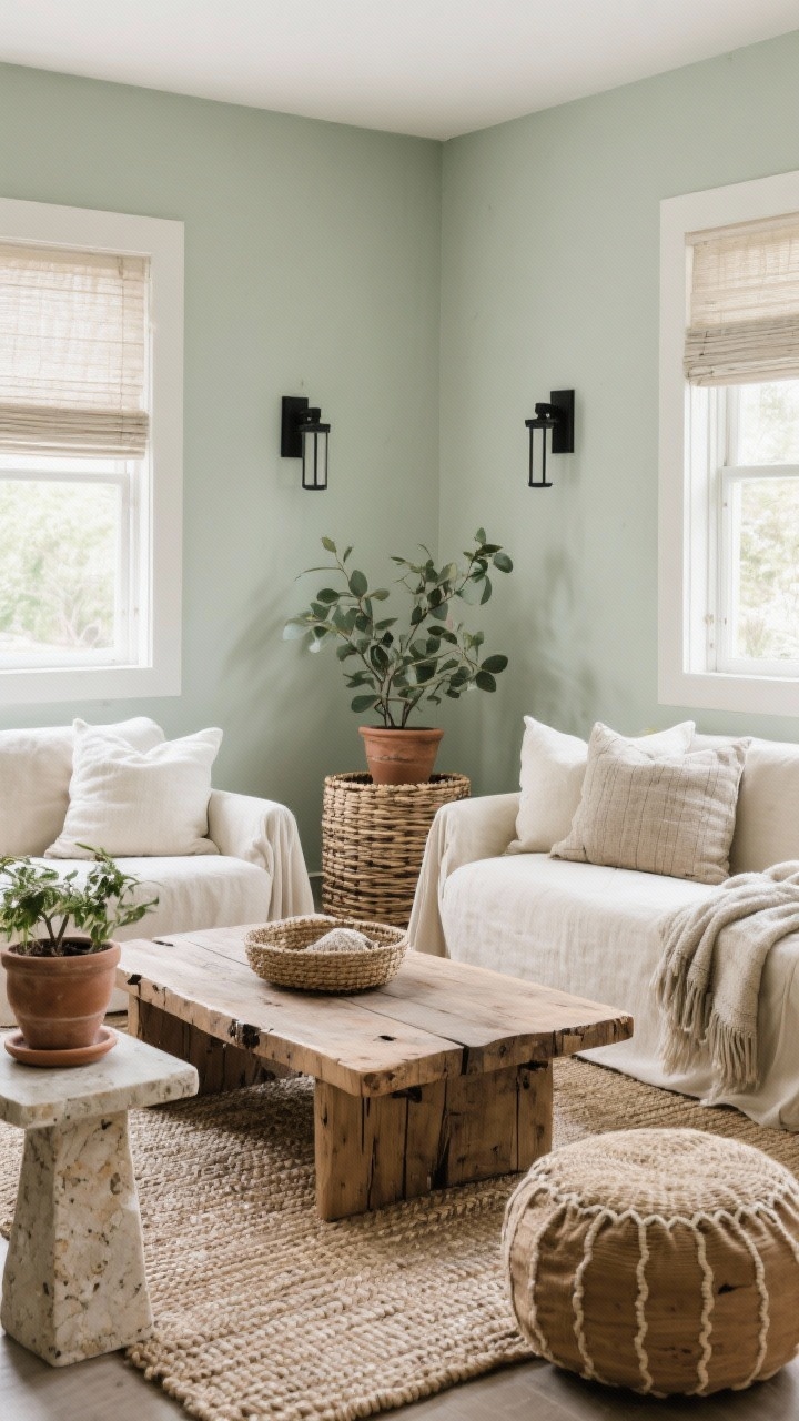 Medium shot of an organic modern living area with chalky sage walls. Bone-colored slipcovered sofas face a raw-edge wood coffee table; matte black sconces flank the wall. Layered flax linen pillows and wool throws in eucalyptus and cream. Honed travertine side tables add weight, woven baskets and clay planters nearby, a jute pouf at the edge. Flatweave rug and woven Roman shades filter natural light for a soft, fresh, upscale calm.