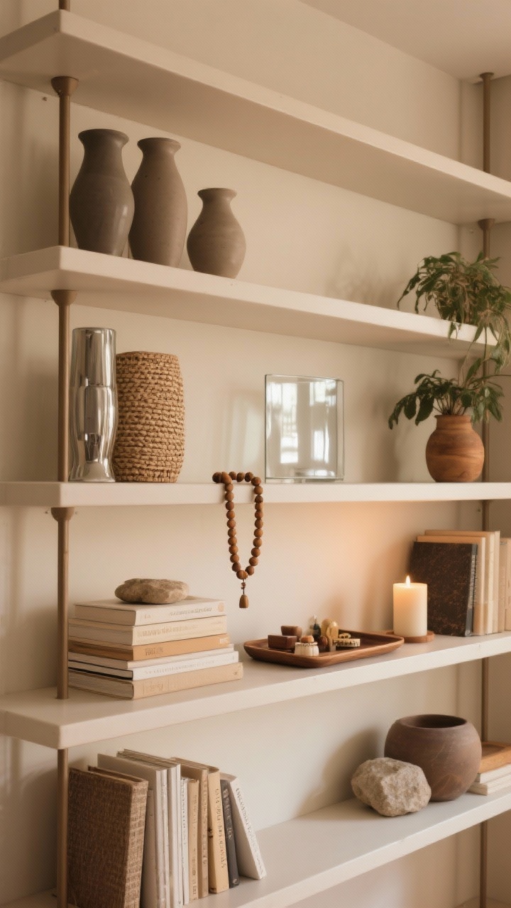 Medium shot of the full shelving unit after editing, emphasizing negative space and finishing touches: one item removed per shelf for breathing room; visible color repetition with no stray hues; groups showing tall-medium-short heights with softened straight lines; at least three textures present (matte ceramic, glass shine, woven fiber); one reflective metal or glass element and one natural element (plant, wood, or stone); final details include a strand of wooden beads draped over a book stack, a small tray corralling tiny items, and a single candle; warm, cozy ambient light for a polished, designer look.