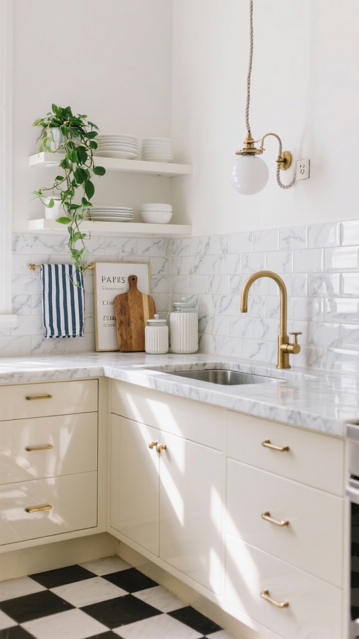 Medium shot — Parisian-Inspired Rental Kitchen Glow-Up: A bright rental kitchen corner showing counters wrapped in peel-and-stick marble contact paper, glossy subway-tile decal backsplash, brushed brass pulls on cabinet doors (originals saved off-frame), a plug-in globe sconce above the sink, plug-in pendant with fabric cord and dimmer nearby, open shelves styled with white dishes, a trailing plant, ribbed glass canisters, cutting boards used as art, French striped tea towels; floor visible with black-and-white checker peel-and-stick vinyl; palette of cream, soft gray, brass, with inky navy accents; crisp morning light bouncing off glossy surfaces.