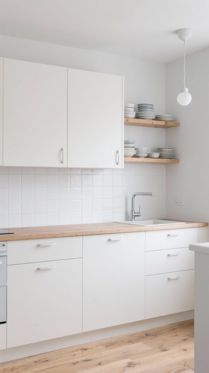 Medium shot, Scandinavian minimal kitchen wall: flat-front warm white cabinets with simple finger pulls or integrated handles; white walls, pale wood, and soft gray palette; section of uppers replaced by light oak floating shelves with neatly stacked everyday dishes; square ceramic tile backsplash with bright white grout; peel-and-stick light oak plank flooring visible; brushed stainless faucet and minimalist globe lights; calm, clutter-free, soft natural light, photorealistic, no people.