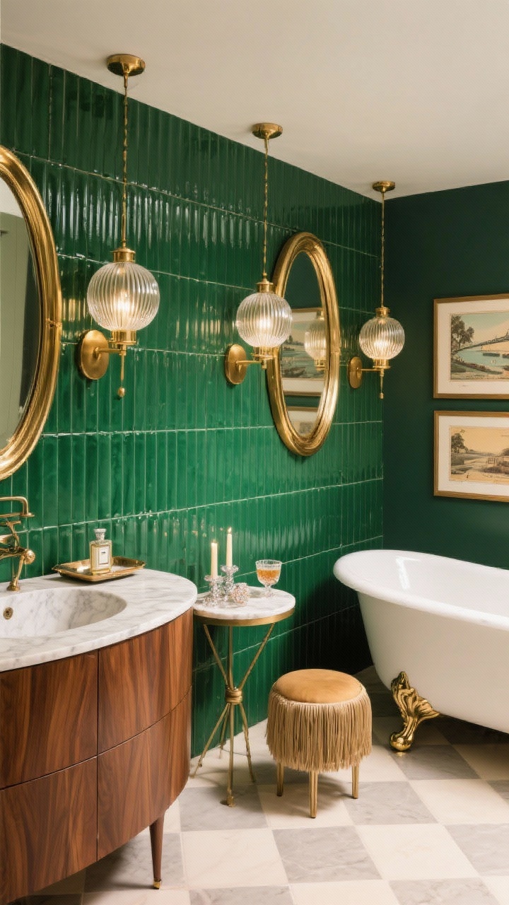 Medium shot, slightly angled: Deco Glam bathroom showcasing an emerald green fluted tile feature wall behind a curved walnut cabinet. Twin pill-shaped mirrors outlined in polished brass hang above, with Art Deco globe pendants and ribbed-glass sconces providing warm light. In the background, a freestanding enamel clawfoot tub and a petite marble-topped side table with candles and a sparkling drink. Floor in cream and soft grey checker tile; accents include a fringe-trim stool, perfume tray, and framed vintage travel prints. Photorealistic, glamorous.