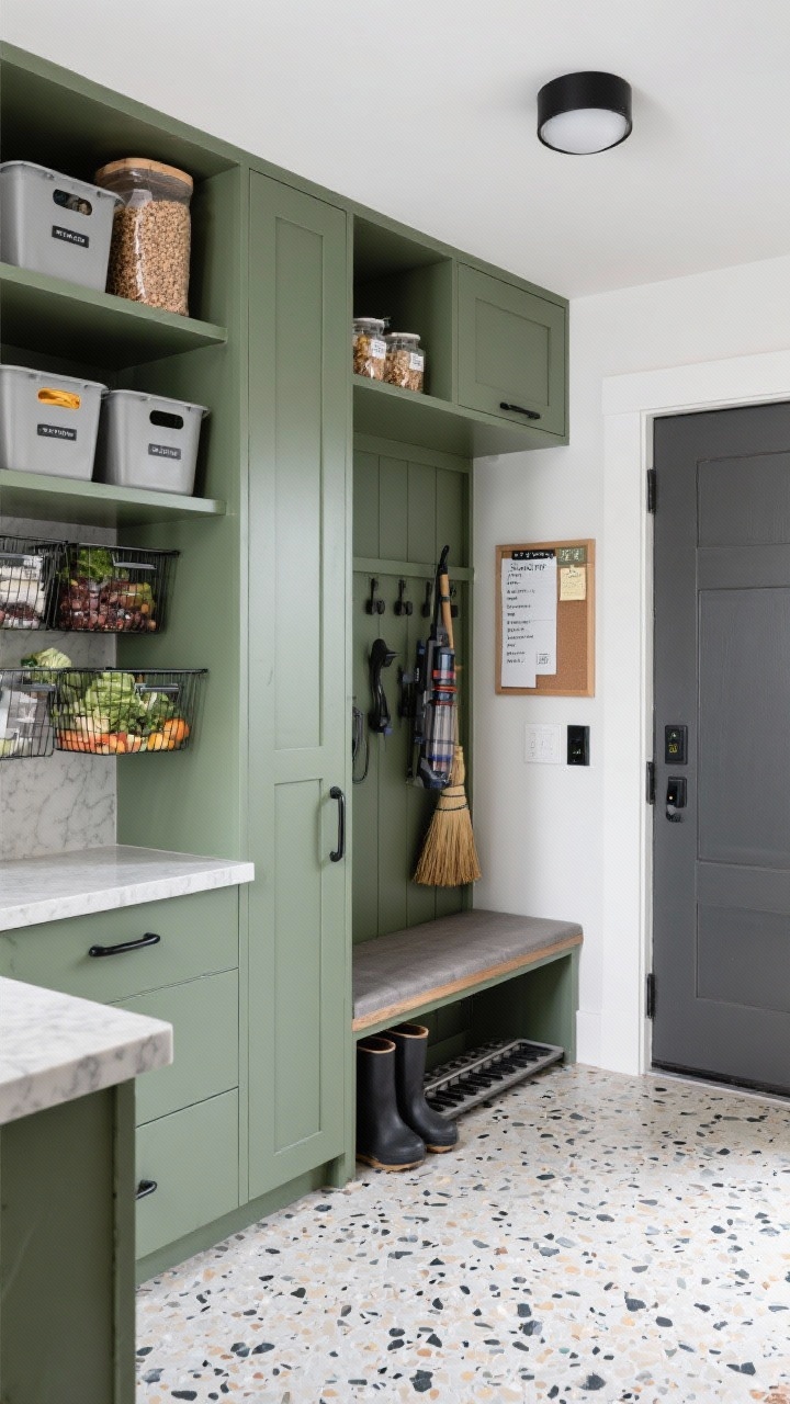 Medium shot, slightly low angle toward entry: A modern mudroom-pantry hybrid with matte olive green flat-front cabinetry, black finger pulls, and a built-in mudroom bench with lift-up storage below. Durable terrazzo flooring with flecks of charcoal and cream, quartz counters in a concrete finish, and a powder-coated black flush-mount ceiling light. Upper open cubbies hold totes and bulk pantry items in labeled bins. Include tall pantry towers with pull-out units, ventilated baskets for produce, and a broom closet door ajar showing a docking station for a cordless vacuum. Add a magnetic memo strip inside a door with shopping lists and a narrow boot tray under the bench. Bright, practical lighting.