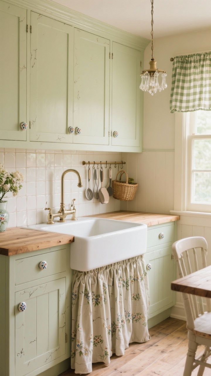 Medium shot, soft cottage charm sink area: cabinets painted buttery cream or soft sage with ceramic knobs (floral/crackle finishes); skirted sink base using a gathered fabric on a tension rod; butcher-block or wood-look countertop; beadboard or hand-painted-look tile backsplash; gingham cafe curtains at the window; peg rail with hanging utensils and baskets; petite chandelier hint over breakfast nook edge; gentle, warm daylight, photorealistic, no people.