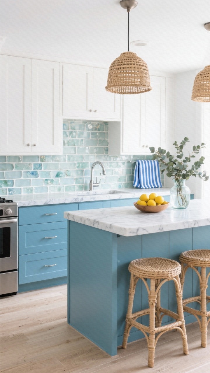 Medium shot, straight-on: Coastal fresh kitchen with sky blue lower cabinets and crisp white uppers; white quartz-look counters with pale gray veining; sea-glass mosaic backsplash (or soft elongated white subway tile) with white grout; polished chrome faucet; rattan bar stools tucked under the counter; woven rattan pendant lighting and sand-toned vinyl plank flooring; decor with a bowl of lemons, striped blue towels, and a glass vase of eucalyptus; bright, breezy seaside lighting, photorealistic.