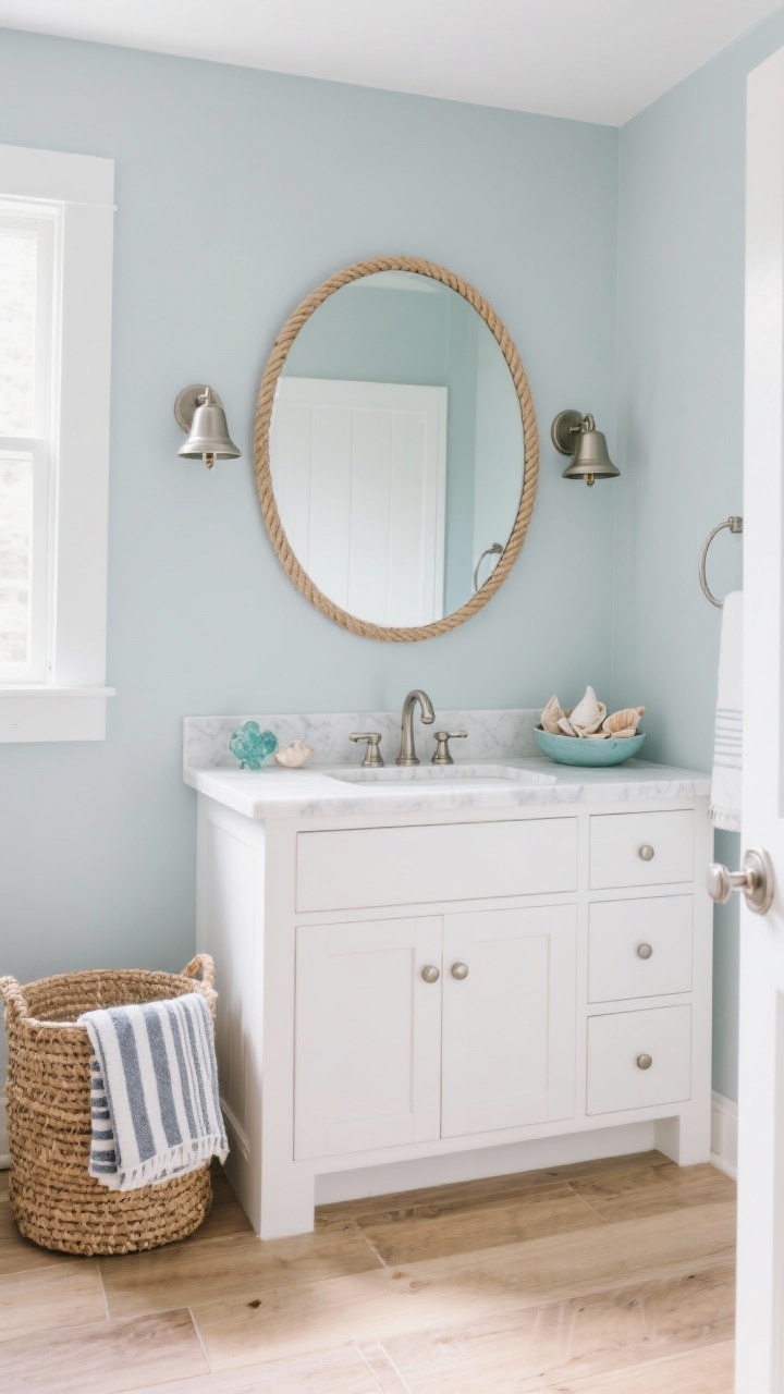 Medium shot, straight-on: Coastal-inspired bathroom featuring a round mirror with subtle rope/jute trim. Soft seafoam/pale gray-blue painted walls, white Shaker-style vanity, and brushed nickel hardware. White quartz countertop with seaglass accessories. Nautical bell sconces in brushed nickel frame the mirror. Light oak-look porcelain plank flooring. Accents include a woven hamper, neatly folded striped Turkish towels, and a small tasteful bowl of seashells. Bright, breezy, natural light feel.