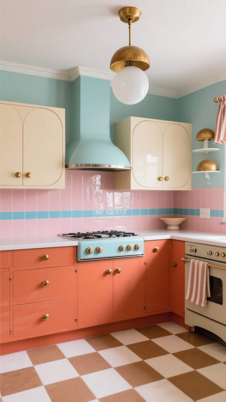 Medium shot, straight-on: Color-blocked retro revival kitchen featuring saturated terracotta base cabinets and creamy almond uppers with rounded edges and a curved range hood; glossy blush tile backsplash with a slim sky-blue pencil tile accent strip; checkerboard floor in warm taupe and off-white; opal globe pendants with brass caps; chunky brushed-brass mushroom knobs; extras include a curved open shelf, retro-style range, and striped café curtains; cheerful, nostalgic-but-fresh vibe, photorealistic.