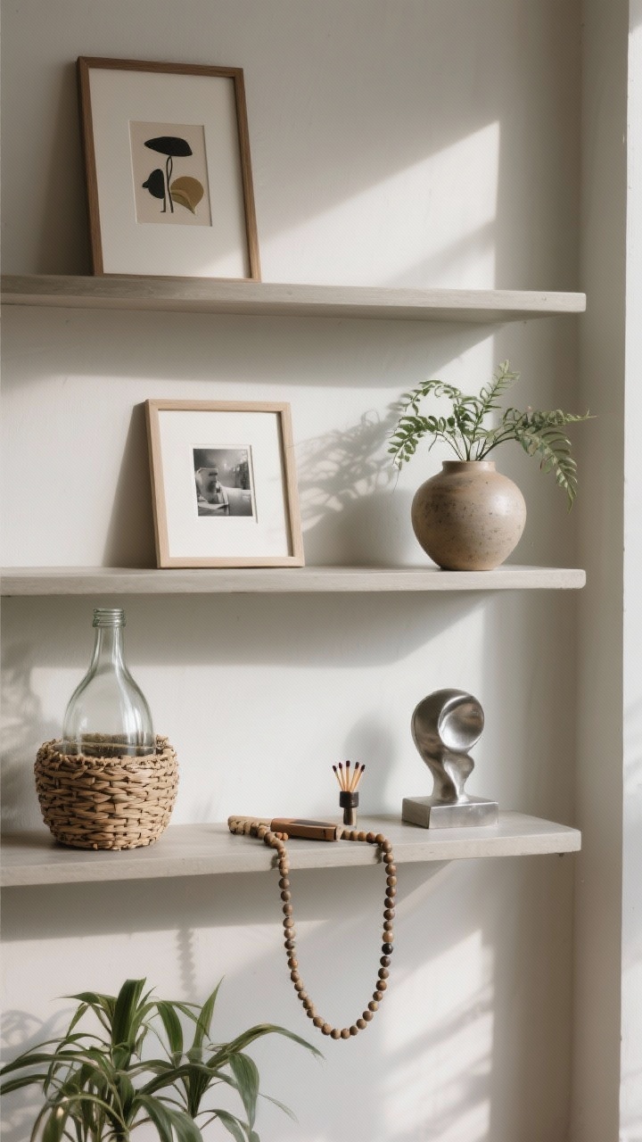 Medium shot, straight-on, focusing on layered depth: back layer features a small framed art print and a matted photo leaning against the wall; middle layer includes a medium ceramic vase and a modest plant; front layer adds a strand of beads, a match striker, and a tiny sculpture; textures mixed—matte ceramics, glossy glass bottle, woven basket fiber, and a brushed metal accent; one plant every two shelves visible; natural light from the right producing subtle shadows for depth and richness.