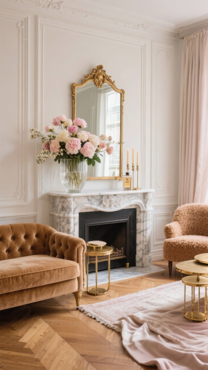 Medium shot, straight-on mantel view: A Parisian-style living room vignette with herringbone oak floors and tall panel molding framing a marble fireplace. On the mantel, a clear fluted glass vase brimming with blush and cream blousy peonies, tucked with ranunculus and delicate waxflower. Above hangs a gilt mirror; nearby sit slim taper candles and a vintage perfume bottle. In view: a tufted camel velvet sofa and a bouclé accent chair, brass nesting tables, a silk rug, and flowing linen drapes puddling on the floor. Palette: blush, cream, camel, antique gold. Materials: velvet, bouclé, brass, glass, marble. Soft, elegant daylight, refined mood, photorealistic.