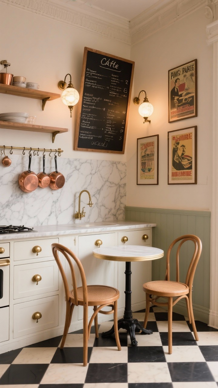 Medium shot, straight-on of a vintage bistro kitchen vignette: peel-and-stick checkerboard floor in black and cream, warm white cabinets with antique brass mushroom pulls, a rail with S-hooks holding copper pans, open shelves with a pair of globe sconces mounted above, a leaning chalkboard menu board on the marble-look laminate counter, framed vintage posters on the wall, and a small bistro table with two bentwood chairs if space allows; warm, Parisian-café ambiance with gentle ambient lighting; photorealistic.