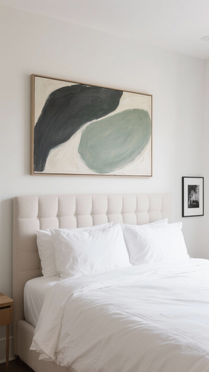 Medium shot: Straight-on view above a queen bed with a cushioned headboard, showing art hung 8 inches above the headboard. One oversized soft abstract canvas in muted charcoal, olive, and cream spans roughly two-thirds the bed width for perfect scale. Warm white walls, crisp bedding, and a single black-and-white photo on a nearby wall confirm the calm, exhale-inducing vibe. Soft diffused daylight; no glare. No people.