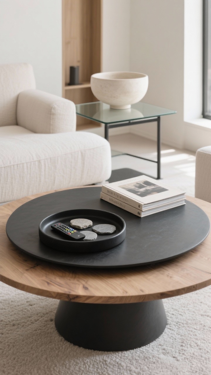 Medium shot, straight-on view of a contemporary living room coffee table showcasing a single strong base anchor: a large matte-black round tray on a light oak table, corraling a remote and stone coasters, with an oversized linen-bound art book stacked beside it and a low sculptural ceramic bowl in off-white; on a glass-top alternative, size up the tray to feel substantial; neutral palette with black, oak, and soft linen textures, soft natural daylight from the side, emphasis on intentional grounding and defined zones