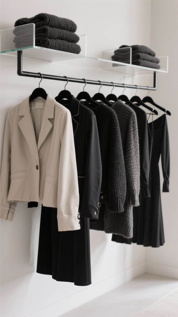 Medium shot, straight-on view of a hanging section: uniform velvet slim hangers in matte black aligning jackets, blouses, knits, and dresses, arranged by category then color from light to dark; a double-hang rod shows shirts and skirts on the lower rod, longer jackets and dresses above; nearby shelf holds folded chunky knits separated by clear shelf dividers to prevent stretching; clean, high-contrast look under soft, diffuse lighting, photorealistic.