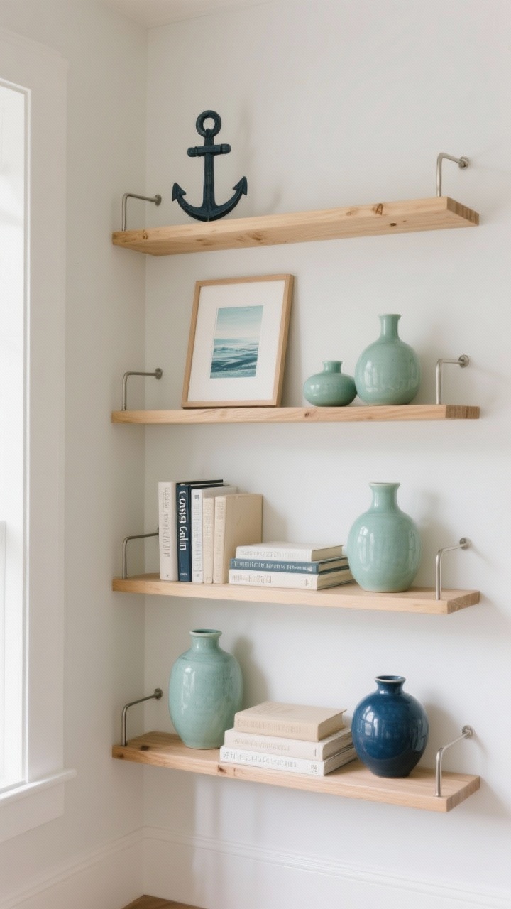 Medium shot, straight-on view of a single bookshelf styled to embody a chosen vibe “coastal calm”: a natural wood shelf with white and sandy-beige anchor colors, accents in muted sea-glass green and soft navy repeating across ceramic vases, book spines, and a small framed print; consistent light oak wood and brushed nickel finishes; repetition of accent hues in three spots; photorealistic, soft natural daylight from the left for an airy, relaxed mood; no clutter, just a curated mini mood board look.