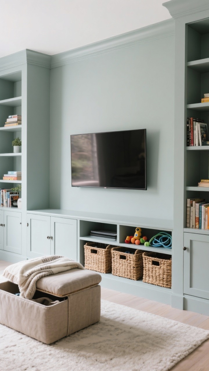 Medium shot: Stylish storage vignette—media console with a closed-and-open mix (doors for hidden storage, open shelving for display), flanked by bookcases painted the same color as the wall to mimic built-ins around a TV. Woven baskets tucked on lower shelves for toys and cables, and a storage ottoman in front holding blankets (lid slightly open to hint at function). Surfaces kept about 70% clear. Soft, even daylight, photorealistic, no people.