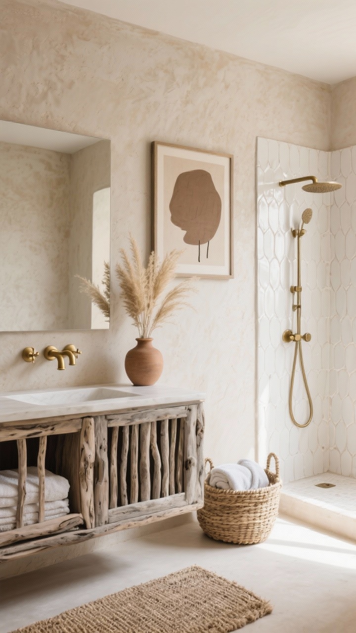 Medium shot: Textured sand-tone plaster walls and a driftwood-look vanity with slatted doors for airflow. An adjacent shower lined in ivory zellige tiles that catch and ripple light. Matte soft-brass taps with gentle curves, a jute bath mat, and woven baskets holding towels. A framed taupe abstract art piece and dried grasses in a clay vase add warmth. Palette of sand, ivory, driftwood gray, soft brass. Photorealistic, warm natural light, corner angle.