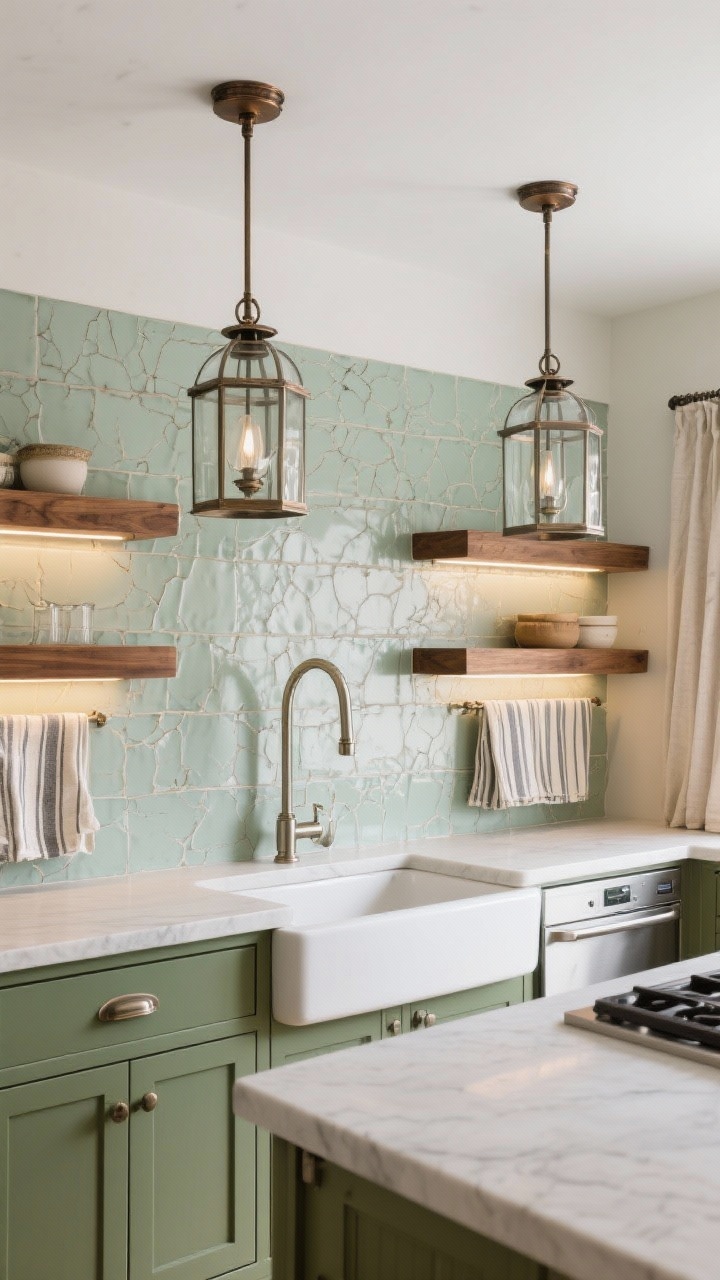 Medium shot: Two glass-paneled lantern pendants mixing polished nickel and oil-rubbed bronze centered over the island, with slim LED strips glowing under floating walnut shelves to graze a hand-cut ceramic backsplash with soft crackle finish; shaker-style lower cabinets in sage green, walnut open shelves above, farmhouse sink paired with a sleek induction cooktop; textiles include linen cafe curtains and striped cotton towels; palette of sage, walnut, polished nickel, and oil-rubbed bronze; photorealistic, timeless-modern blend.