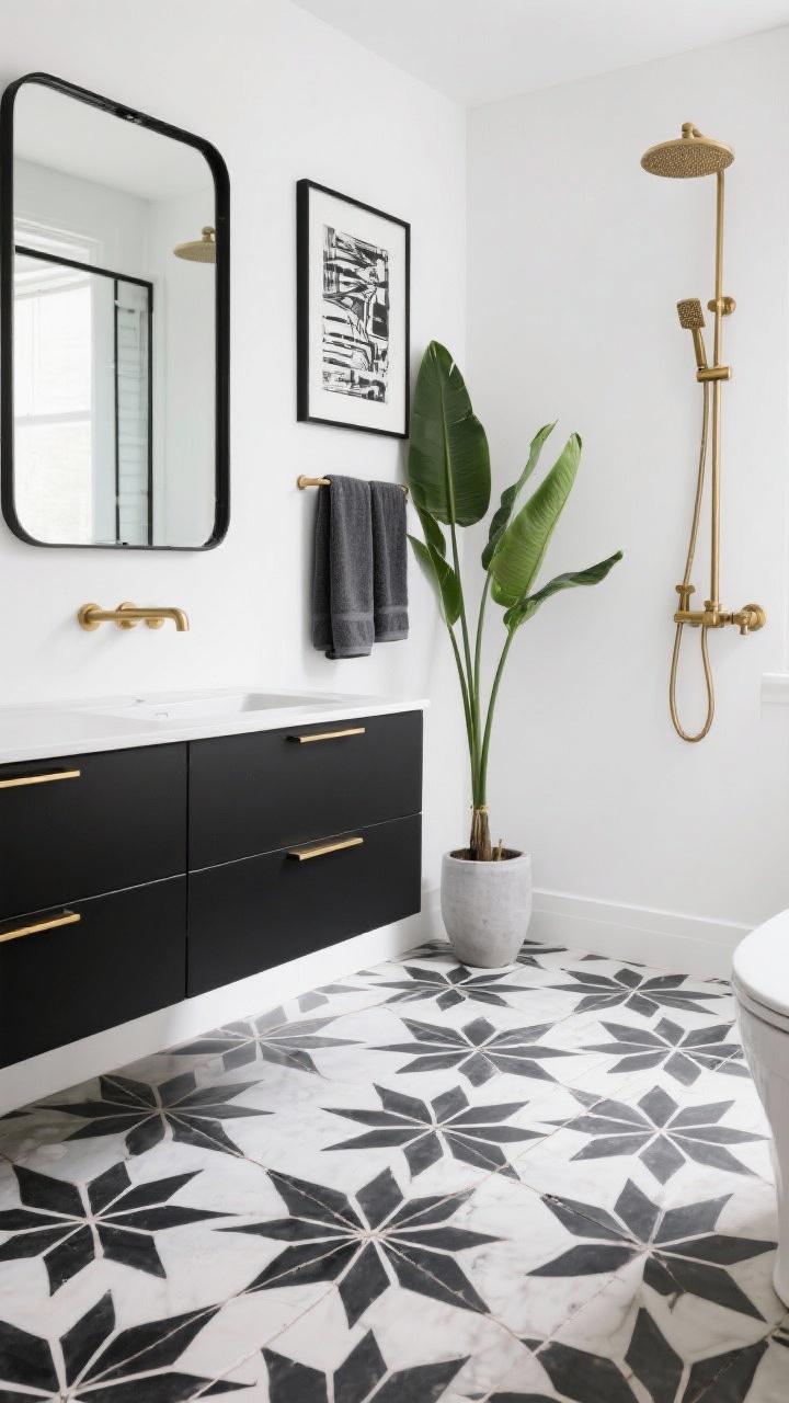 Medium shot, Urban Graphic bathroom: photorealistic black-and-white encaustic tile floor with bold geometric starburst pattern; gallery white walls. Matte black floating vanity with slim brass pulls; skinny black steel-framed mirror for industrial edge. Brushed brass faucet and shower trim. Accents: monochrome art on wall, charcoal towels, a tall green plant. Clean, high-contrast lighting emphasizing the floor as focal point, minimal styling.