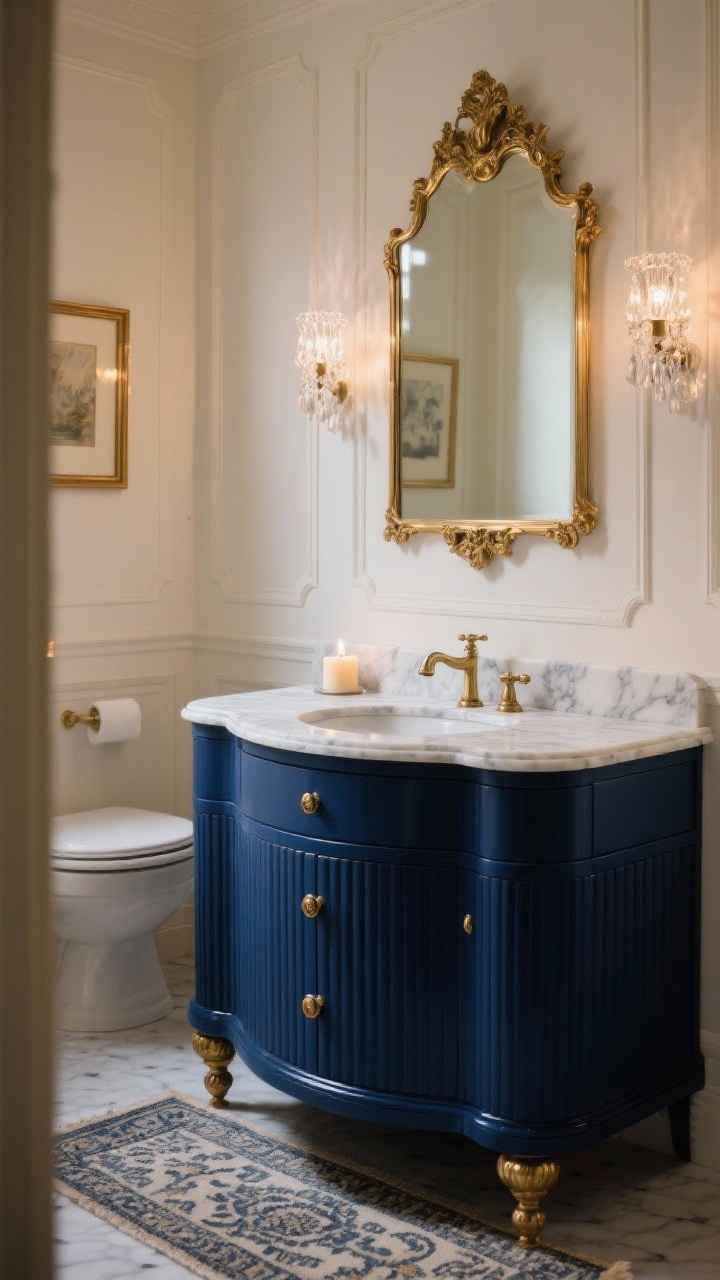 Medium, slightly angled view of a Parisian powder room centered on a fluted navy-blue vanity with curved corners and bun feet, polished brass finger pulls and petite knobs. Calacatta marble top with an ogee edge and dainty wall-mount taps. Gilded antique-style mirror above, cream wall panels, a petite crystal sconce casting a warm glow. Brass framed art on the wall, a small patterned rug on the floor, and a lit scented candle on the counter. Rich, dramatic yet elegant lighting, photorealistic.