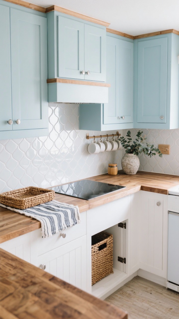 Medium, slightly elevated angle of a small-space coastal kitchen: uppers in soft cloud blue, lowers in crisp white, beadboard-clad boxed hood with thin wood trim, semi-gloss white fish-scale tile backsplash shimmering subtly, butcher block countertops sealed matte; slim pull-out pantry ajar, peg rail holding mugs; decor includes a rattan tray, striped runner, and eucalyptus in a stone vase; bright, airy feel with reflective surfaces making the space feel larger.