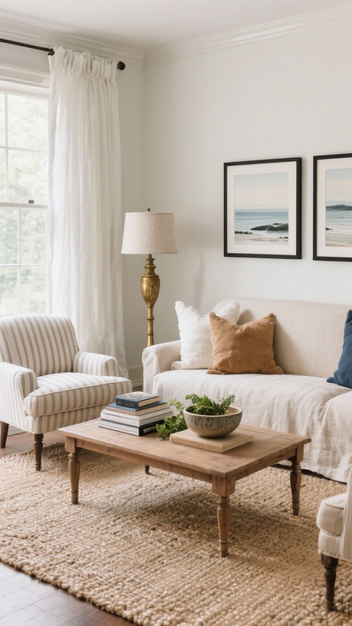 Medium, straight-on living room scene in layered neutrals: slipcovered linen sofa in soft oatmeal, pair of club chairs in a small-scale stripe, natural jute rug with a warm wood coffee table featuring chamfered edges; textural pillows in ivory, camel, and slate blue; antique brass floor lamp and fabric-shaded table lamps; thin black-framed soft coastal landscapes on the wall; white linen panels that puddle slightly at the windows; styled coffee table with a stack of books, a ceramic bowl, and fresh greenery; serene, classic, effortless mood, photorealistic.