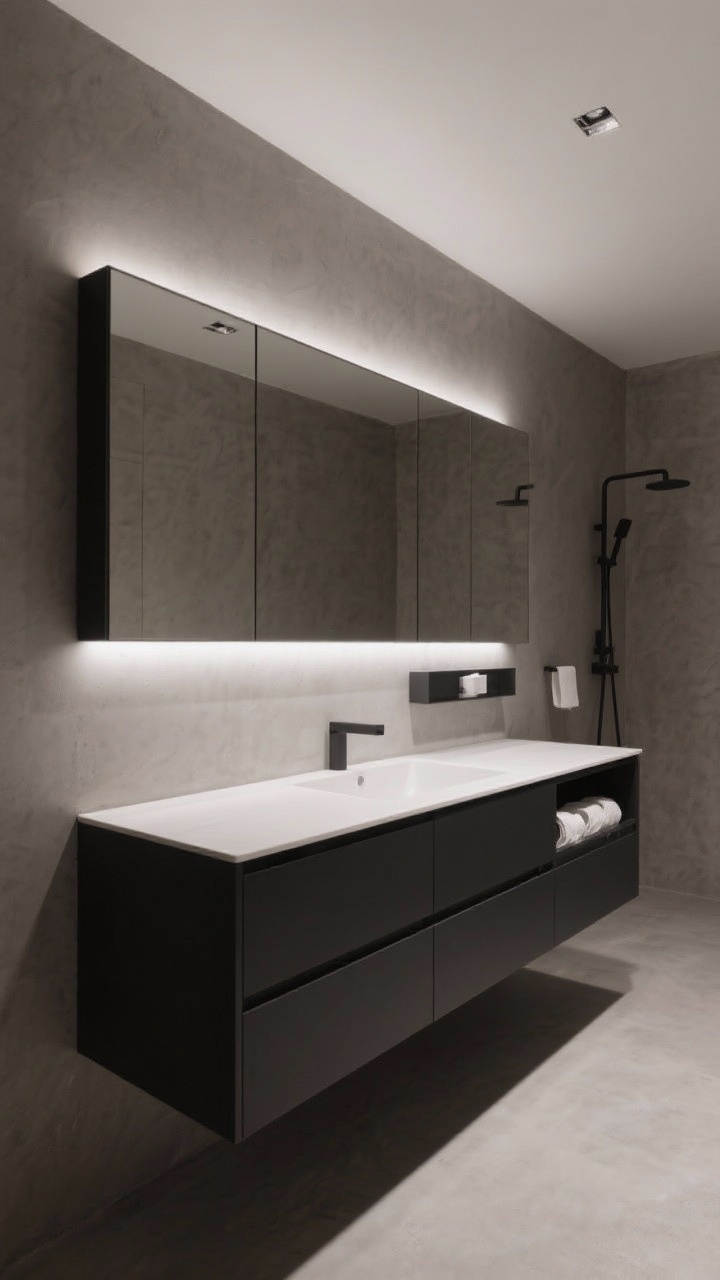 Medium straight-on shot: A modern minimalist bathroom featuring a floating matte-black vanity with handleless soft-close drawers against warm gray microcement walls and floors. Show a long mirrored cabinet above that extends storage, linear LED lighting under the vanity and behind the mirror casting a cool glow, and a slim pull-out drawer between the vanity and shower for extra paper goods. Color palette: charcoal, cloud gray, crisp white. Zero countertop clutter, everything concealed.