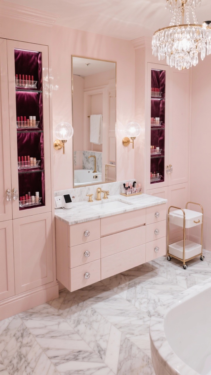 Medium straight-on shot: Glam boutique bathroom with pale blush walls, herringbone marble floors, and a glossy lacquer vanity with crystal knobs under white quartz countertops. Flanking the vanity are full-height mirrored cabinets concealing shelves; inside glimpses of velvet-lined trays and acrylic risers organizing lipsticks and serums. Lighting from frosted globe sconces and a chandelier over the tub casts a soft luxe glow. Include a built-in drawer charging station and a slim rolling cart under the makeup area.