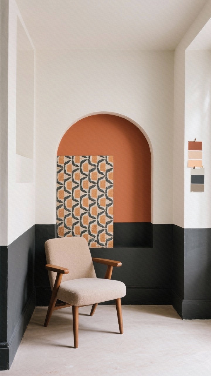 Medium straight-on shot of an accent wall doing the heavy lifting: two-tone walls with a dark charcoal lower half and light warm white upper half for instant architecture; a painted soft-arched color block in terracotta behind a chair as a faux backdrop; a panel of bold temporary wallpaper in geometric pattern on the adjacent niche; subtle matte finish on the dark paint, eggshell on the light portion. Even daylight that shows finish differences; samples taped discretely on the side to hint at testing. Mood: confident, graphic.