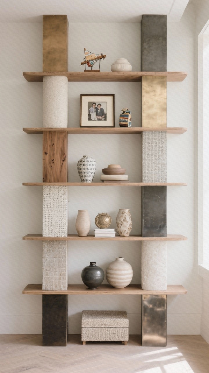 Medium, straight-on shot of the full shelving unit post-edit: each shelf shows a tall, medium, and low element; repeated textures (ceramic, wood, metal) and colors appear at least three times across the unit; objects arranged in odd-number groupings. Include one personal piece per shelf (a small travel memento, a framed family photo, or an heirloom). Use lighter-toned pieces and open negative space to balance visual weight. Bright but soft natural light; polished, intentional look.