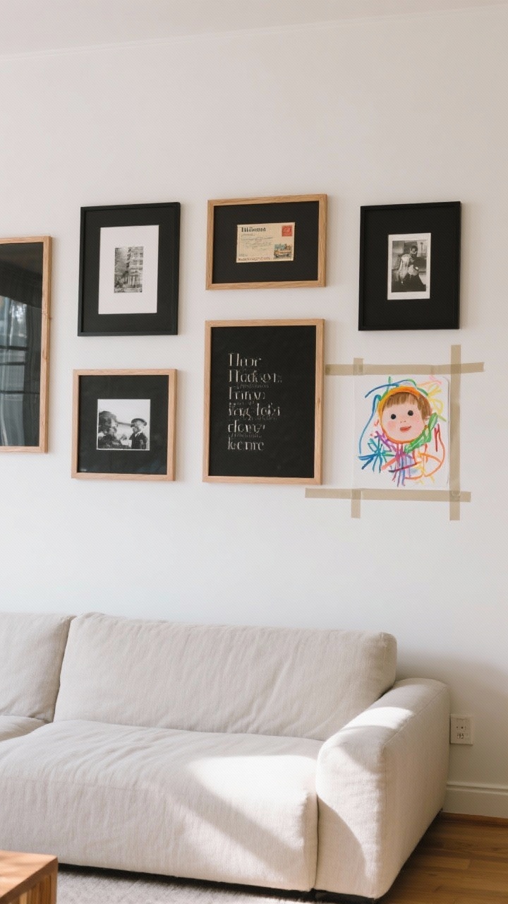 Medium, straight-on view of a curated gallery wall above a neutral sofa: cohesive black and natural wood frames in a balanced organic cluster and partial grid mix; include photos, typography prints, a small vintage postcard, and a child’s colorful scribble art. Painter’s tape outlines faintly visible on adjacent wall edge, center frame hung at 58 inches from the floor. Soft natural daylight, matte frames mixed with a couple glossy photo prints. Mood: curated, intentional, museum-like proportions, clean and calm.