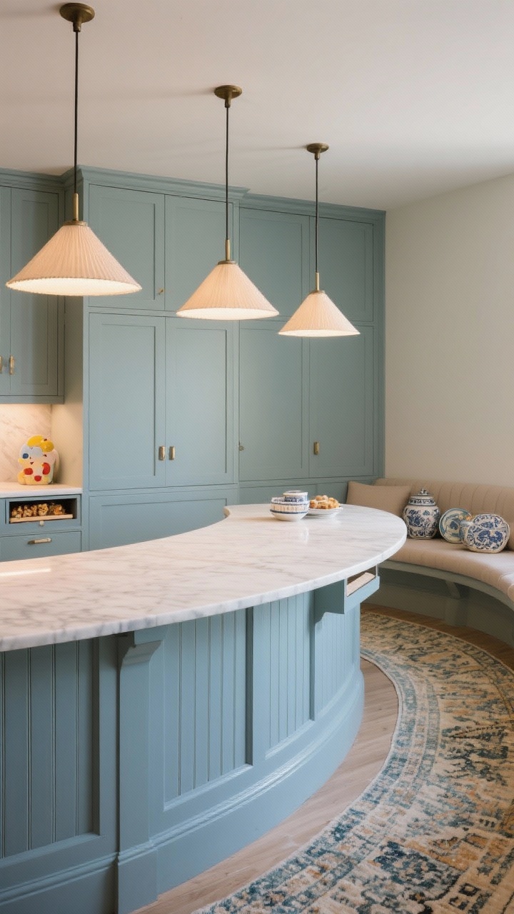 Medium, three-quarter angle shot of a semi-oval curved conversation island: muted French blue base with ribbed millwork panels, rounded marble top with pencil edge; three cone-shade pendants evenly spaced to echo the curve; touch-latch storage panels subtly visible, including a shallow kids’ snack drawer on the seating side; vintage rugs and ceramic serveware accents nearby, soft ambient glow, rounded corners guiding circulation, no people, photorealistic.