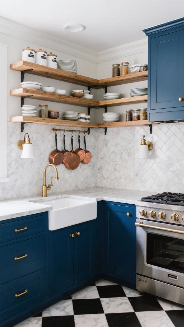 Medium U-shaped cook’s zone captured from a corner, emphasizing efficiency and open uppers: ink blue lower cabinets with brushed brass cup pulls forming a tight work triangle, shallow apron-front sink, 24-inch gas range, and a drawer microwave tucked into the peninsula. Chunky white oak open shelves instead of upper cabinets, neatly styled with labeled canisters, plates, bowls, spice jars; a row of hooked copper pans below. Herringbone marble tile backsplash from counter to ceiling, two wall sconces grazing the tile; classic small-scale black-and-white checkerboard floor. Moody-chefly yet bright task lighting.