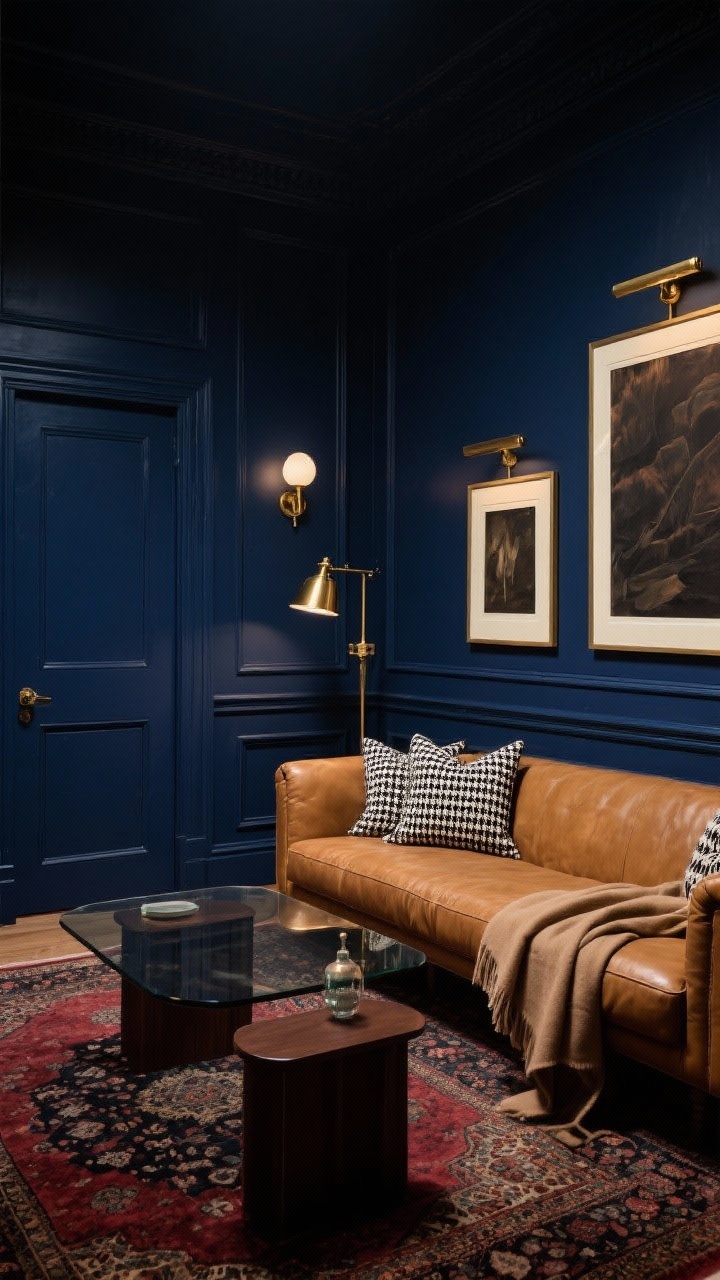 Medium-wide corner angle of a deep navy club room with walls, moldings, and doors painted the same rich navy for a cocooning shell. A camel leather sofa anchors the scene with a brass pharmacy floor lamp, smoked-glass coffee table, and espresso-toned side tables. Oversized art with cream mats leans against the wall, each topped with brass picture lights for a museum glow. Houndstooth cushions and a cashmere throw on the sofa, Persian-style rug in burgundy and ink grounding the floor. Moody, high-contrast evening lighting.