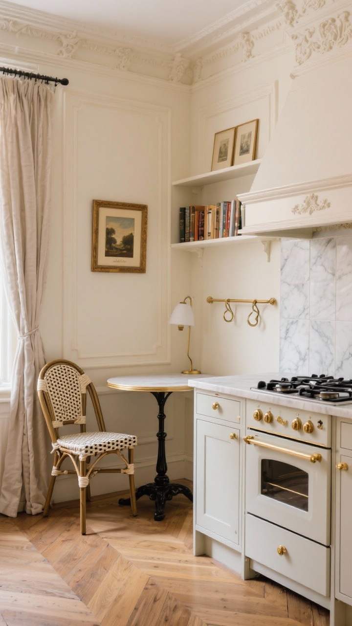 Medium-wide, Parisian petite charm corner: creamy upper walls with delicate picture-frame moulding, muted mushroom base cabinets with polished brass knobs, Carrara marble (or lookalike) counters and tall slab backsplash, slim ivory French range with brass trims, trimmed plaster hood above, petite black metal bistro table with two caned chairs tucked into a window nook, library-style picture light over open shelves; herringbone oak flooring, linen café curtains, a small vintage oil painting, and a petite brass rail with S-hooks; warm, romantic lighting, angled perspective.