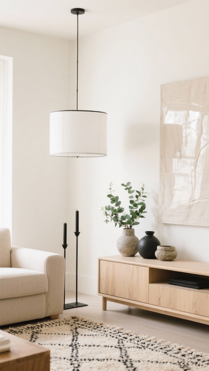 Minimalist detail/closeup vignette of a warm white living room wall with a whisper of cream, bright balanced daylight; edge of a low modern oatmeal sofa, light ash wood media console corner, and a Berber-style rug with micro-pattern; matte black candleholders and an oversized linen art canvas visible; white drum pendant glow reflected softly; eucalyptus green and soft black accents; stone-toned ceramics grouped on the console; clean, airy, never sterile.