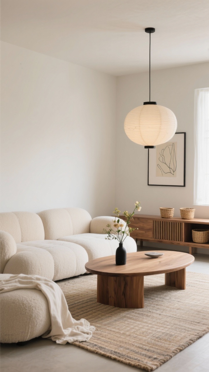 Minimalist Japandi living room, medium shot: low-slung cloud-like modular sofa with rounded edges, curved oak coffee table, palette of ecru, wheat, stone, and black ink. Natural materials layered: paper lantern pendant overhead, tatami-toned rug, light linen throw. Intentional surfaces with a single Ikebana-style floral arrangement on the table, framed line art on the wall, slatted wood media unit with a few shallow baskets. Soft morning light, calm and grounded, no people.