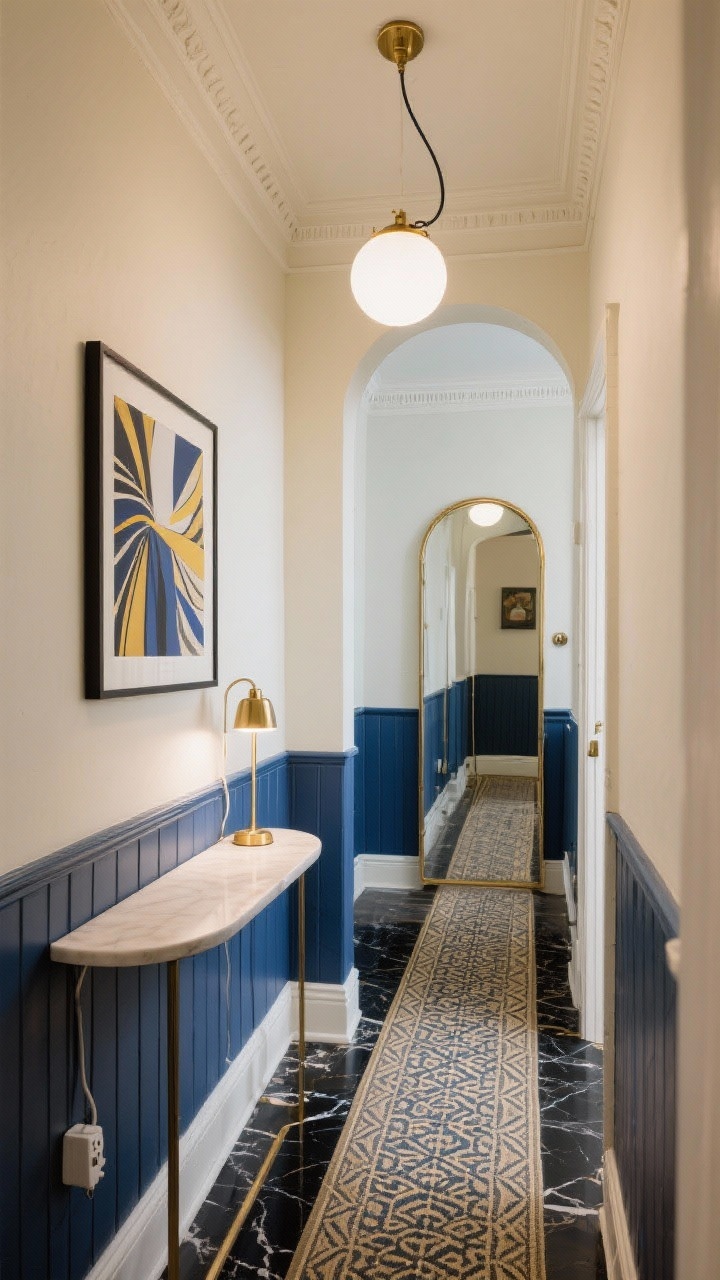 Narrow entry hall wide shot with Art Deco flair: lower third of walls clad in peel-and-stick beadboard painted deep ink blue, topped by a temporary molding strip; upper wall soft cream; a slim console with rounded corners sits below a bold art print lit by a plug-in picture light in brass; overhead, a plug-in semi-flush globe fixture hung via canopy hook with cord cover; a leaning arched mirror reflecting the scene; patterned runner stretching the hall; palette of ink blue, cream, brass, black marble accents; glamorous yet renter-safe, photorealistic.
