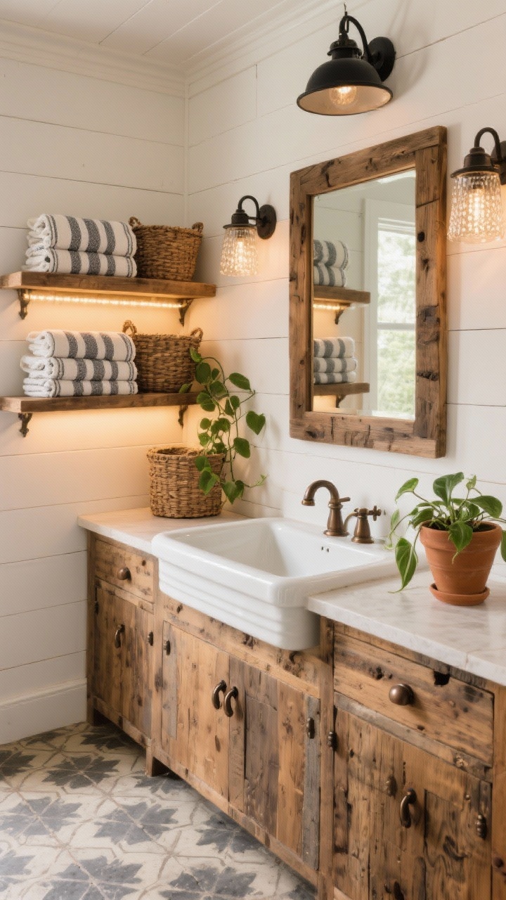 Overhead/detail hybrid shot, photorealistic: Rustic farmhouse shelf-and-vanity vignette with warm white shiplap walls and a reclaimed oak vanity with cup pulls beside an apron-front porcelain sink. A blackened metal lantern pendant is visible above, while seeded-glass barn sconces flank a chunky wood mirror. A warm LED strip runs under open shelves, spotlighting stacked striped Turkish towels and woven baskets; oil-rubbed bronze finishes and a trailing pothos in a clay pot add earthy depth. Honey-warm lighting and weathered textures, patterned cement tile floor in slate and cream peeking below.