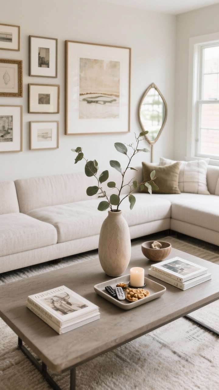 Overhead detail shot: A coffee table styled using the formula—tall vase with leafy branches, a flat tray corralling remotes and snacks, two elegant art books, and an organic element like a candle or small sculpture/bowl. In the background, a wall composition: either one large artwork centered above the sofa at 57–60 inches to midpoint, or a cohesive gallery wall mixing frame sizes with consistent frame finish; include a mirror placed opposite a window to suggest light bounce. Natural daylight, photorealistic.
