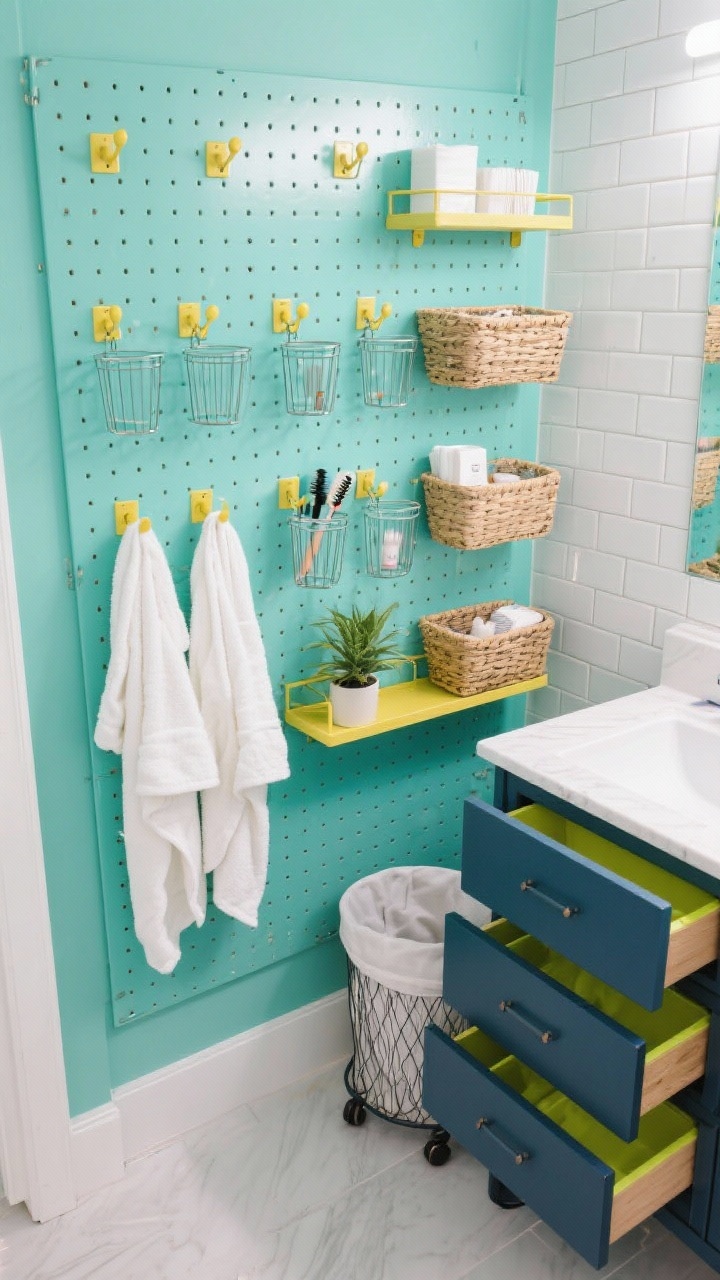 Overhead detail shot: Color-pop utility wall with powder-coated metal pegboard in fresh mint (or mustard), holding peg hooks with towels and robes, wire cups corralling brushes and skincare, and adjustable shelves with baskets, a small plant, and extra paper goods. Include a glimpse of white subway tile nearby, a navy vanity with soft-close drawers opened to reveal bright dividers, and a slim rolling hamper tucked between vanity and wall. Lighting bright and even, playful modular organizing playground.