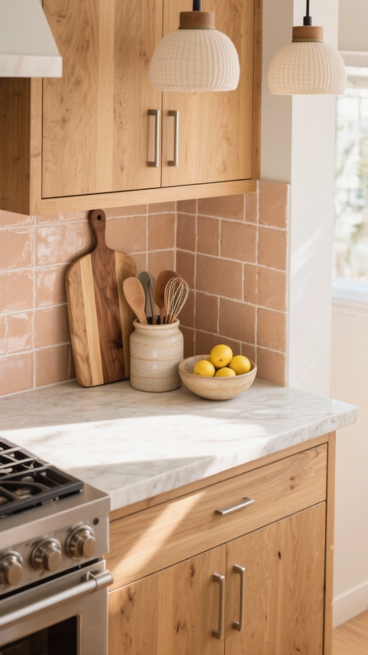 Overhead detail shot of a kitchen island corner showing creamy quartzite waterfall countertop meeting soft clay zellige tile backsplash, subtle sheen and organic edges visible, with a styling vignette of a wood cutting board stack, a ceramic utensil crock, and a shallow bowl of lemons; hints of flat-front oak cabinetry with integrated pulls, brushed nickel hardware, and linen drum pendants above slightly out of focus; palette honey oak, clay, cream, soft nickel; bright natural daylight; photorealistic.