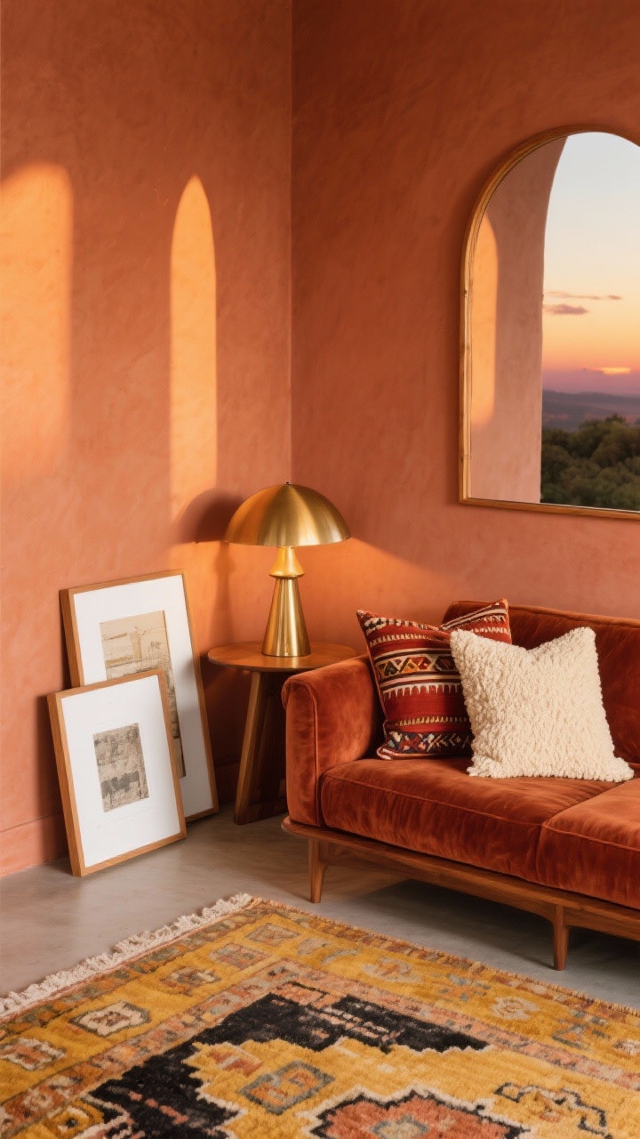 Overhead detail shot of a warm clay terracotta lounge vignette: the terracotta wall color wraps the scene, with a mid-century walnut sofa edge in frame topped with kilim cushions, rust velvet, and cream bouclé pillows. A brass mushroom table lamp glows warmly, stacked art with white and wood frames leaning nearby. A vintage-inspired rug in faded saffron and charcoal beneath, with a tall arched mirror catching and bouncing light at the corner. Sunset-like warm lighting, photorealistic textures.