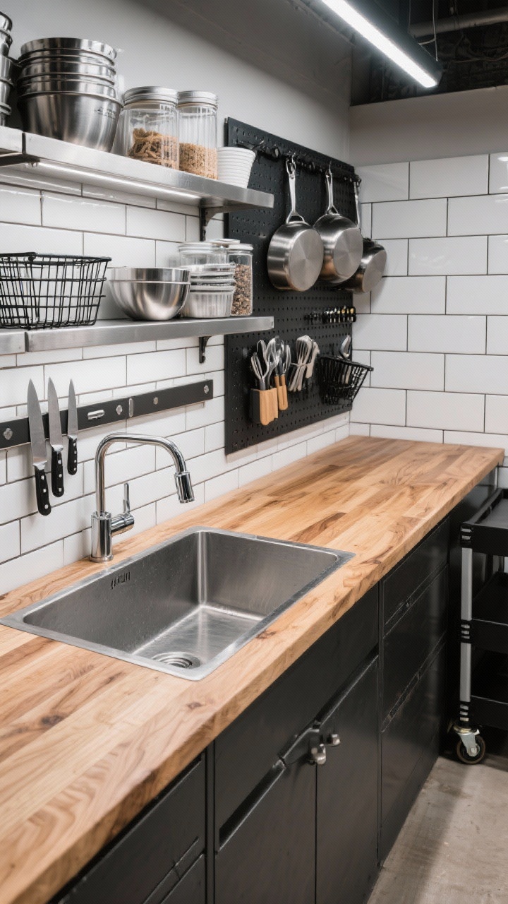 Overhead detail shot of an industrial chef’s pantry work zone: thick maple worktop with visible grain, part of a deep workstation sink with articulating sprayer, magnetic knife strip along a wall of white subway tile with dark grout; stainless open shelving edge holding heavy cookware and restaurant-style bins; pegboard wall segment with neatly arranged tools, black wire baskets, clear canisters, stainless bowls; hint of a castered utility cart corner; palette steel, maple, white tile, black grout; crisp task lighting; photorealistic.