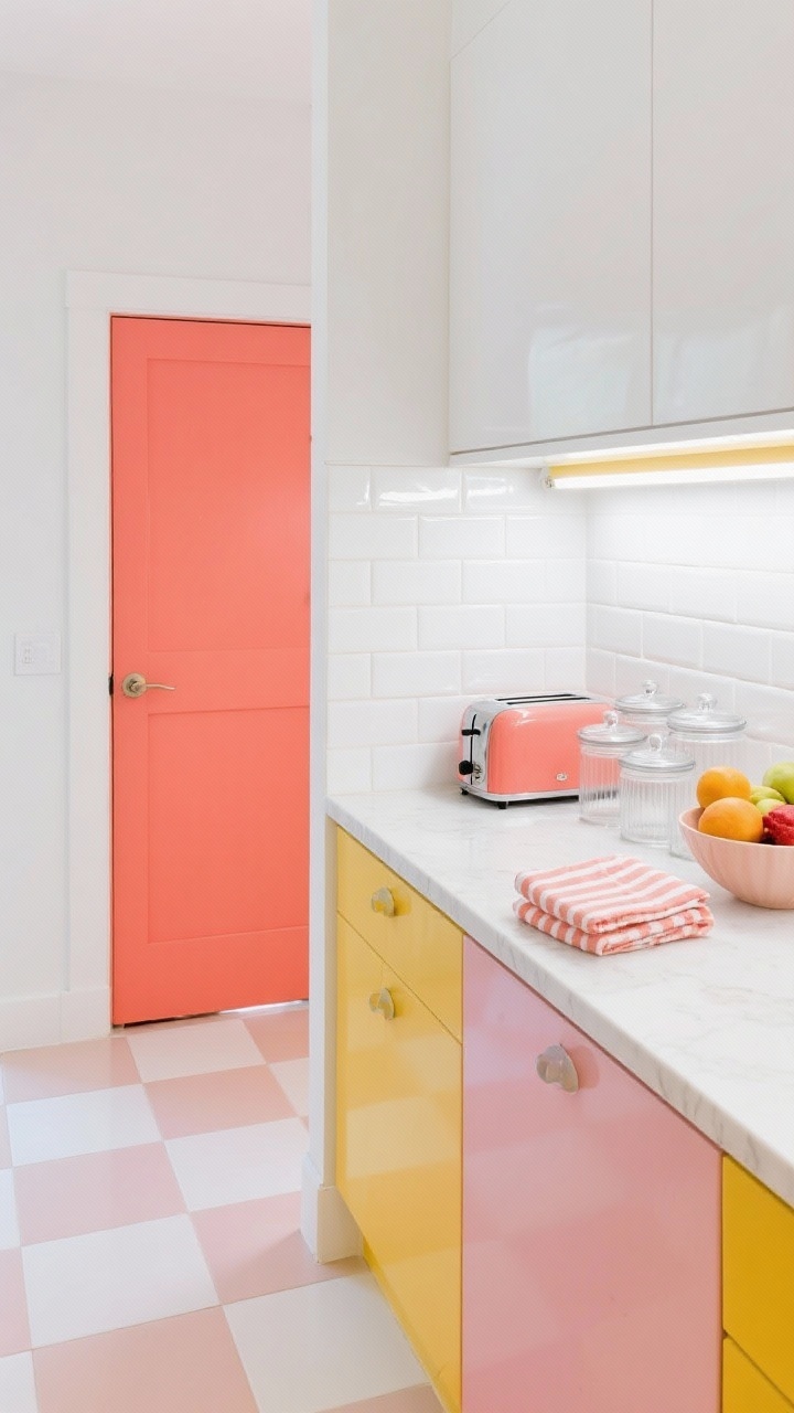 Overhead detail shot of playful color-blocked accents: glossy white backsplash tiles meeting crisp white wall, pantry door painted a saturated coral pop, clear canisters neatly aligned on a counter, a retro toaster in matching coral, striped dish towels folded beside a color-blocked fruit bowl; glimpse of peel-and-stick checkerboard floor tiles in white and soft pastel; bright, modern lighting from a linear LED bar off-frame; vibrant, cheerful personality.