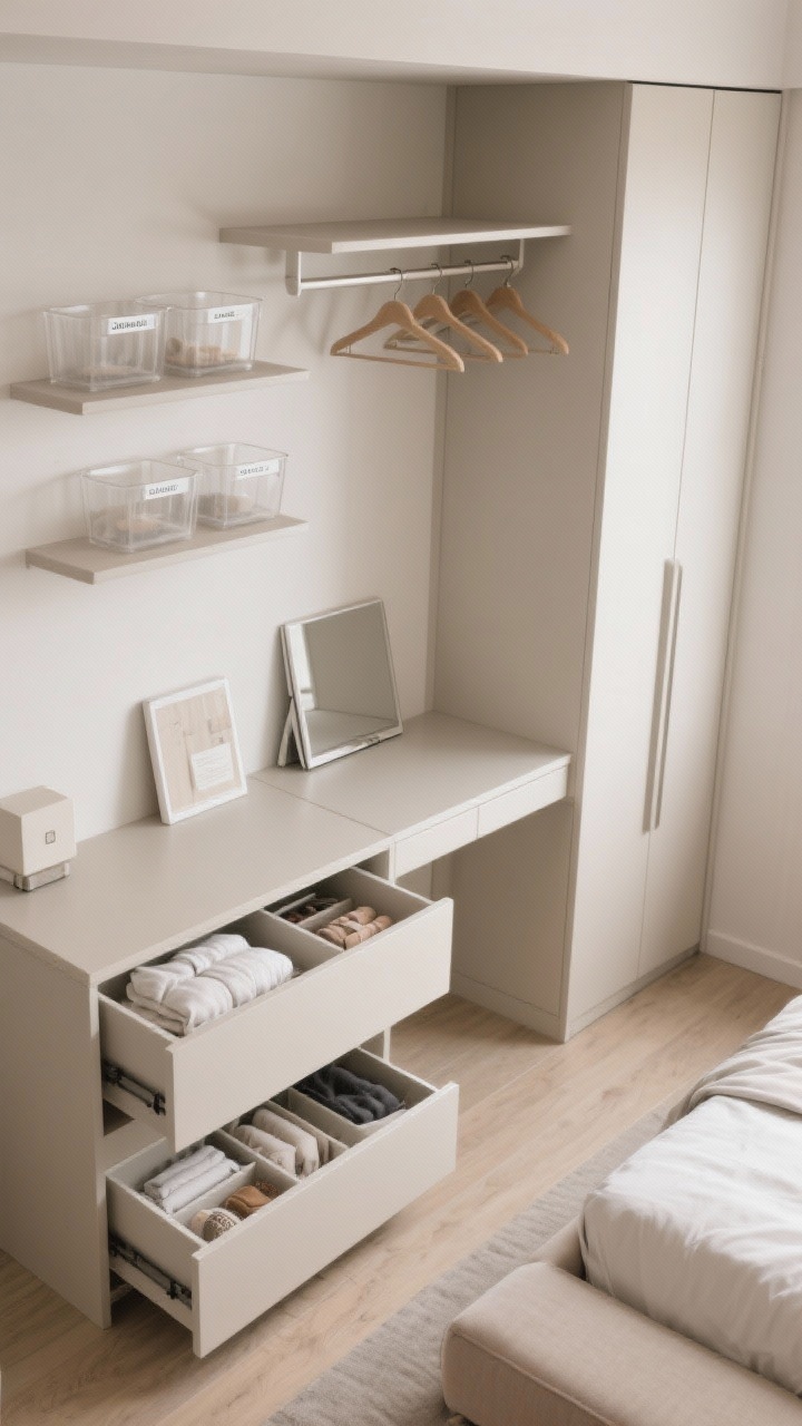 Overhead detail shot: Storage solutions in a small bedroom—nightstand drawer pulled open revealing neatly organized items (no open shelves visible), a storage bench at the foot of the bed with folded bedding inside, wall-mounted shelves above a compact floating desk. Include a fold-up floating vanity/desk closed to show floor clearance. Closet door ajar with double-hang rods, matching slim hangers, and clear labeled bins. Neutral palette, clean lines, bright yet soft lighting.