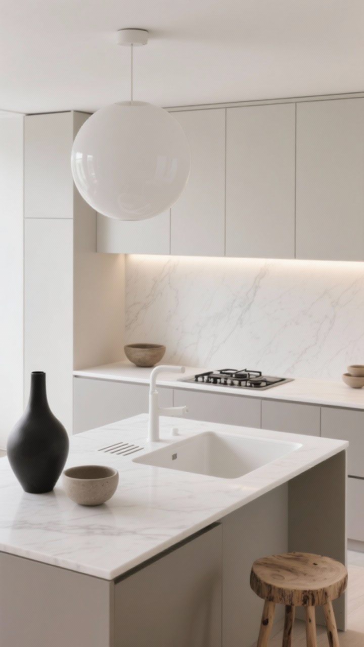 Overhead/three-quarter top-down detail: Scandinavian serene island work surface with almost-white quartz top and a seamlessly integrated white composite sink; flush induction burners, no visible hardware; integrated finger grooves on pale mushroom flat-front cabinetry below; under-shelf LED strips casting an even glow; minimal white disc pendant reflected as a soft circle; accents of a birch stool edge, stoneware bowls, and one sculptural black vase for contrast; palette of mushroom, cloud grey, soft white, pale ash; tranquil, future-forward, photorealistic.